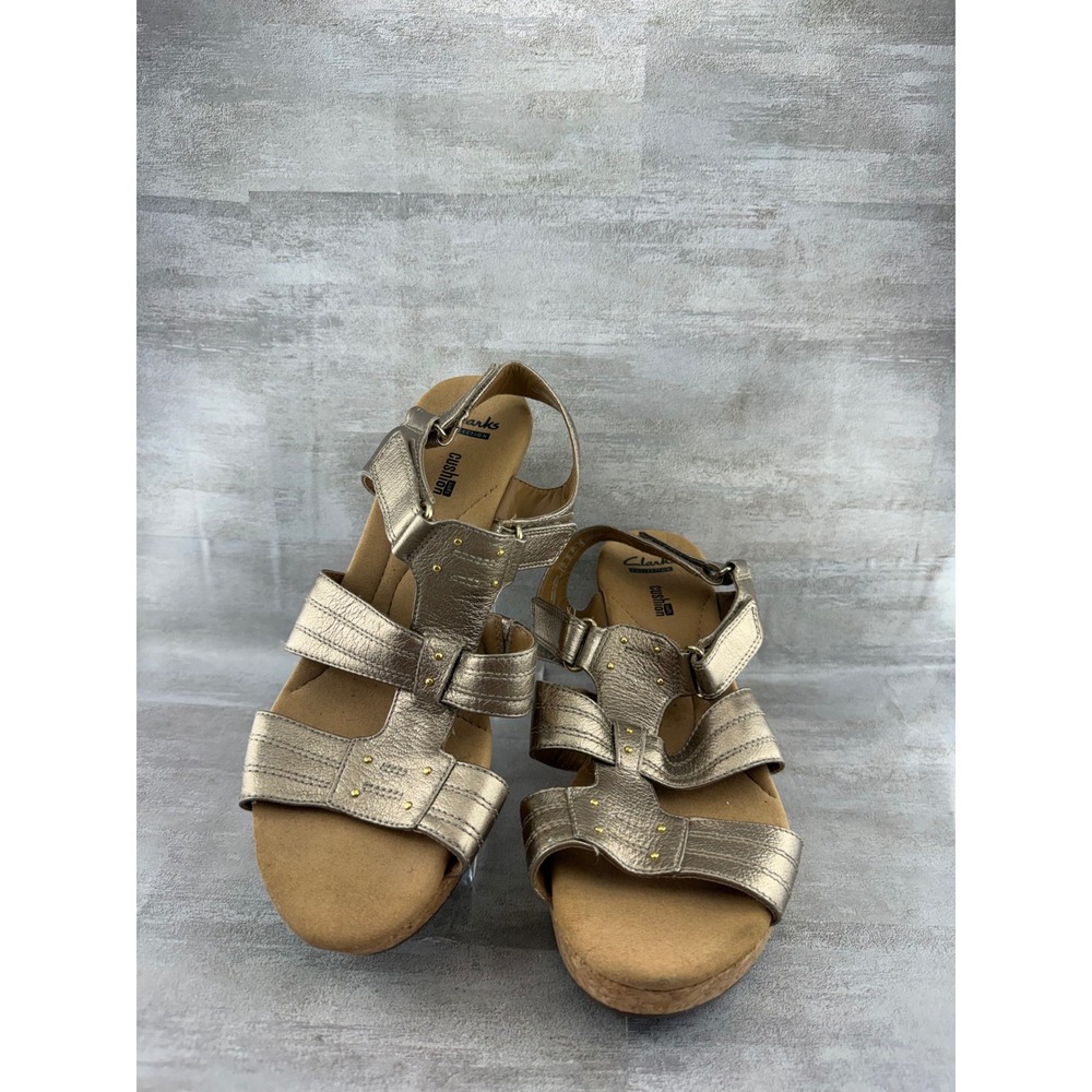 Clarks Collection Metallic Gold Leather Cork Wedge Sandals Women Sz 10W